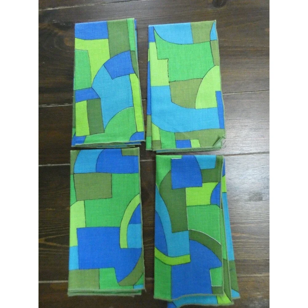 VTG Unbranded Abstract Geometric Print Cloth Napkins Green Blue Mod 16.5